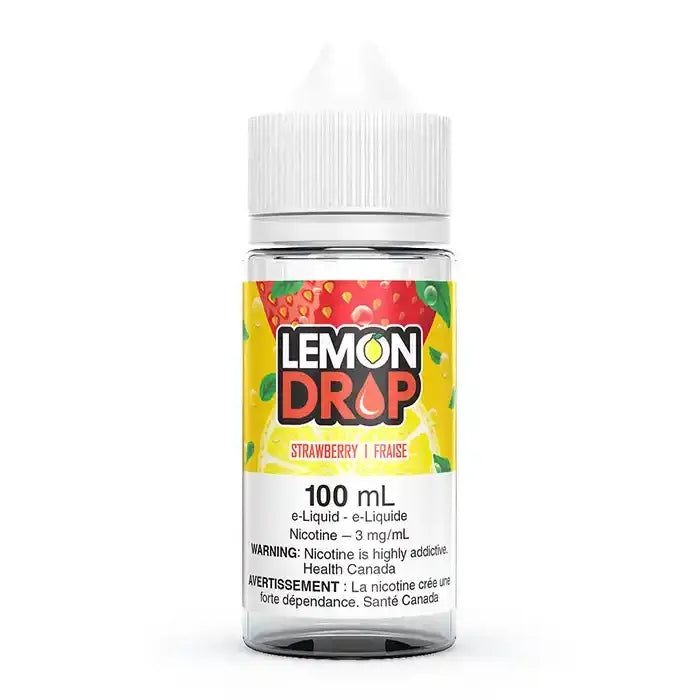 Lemon Drop Strawberry 100ml e-liquid bottle with yellow and red label, white cap.