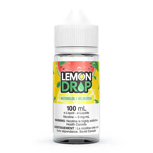 Lemon Drop Watermelon 100mL e-liquid bottle with a yellow label featuring a watermelon slice design.