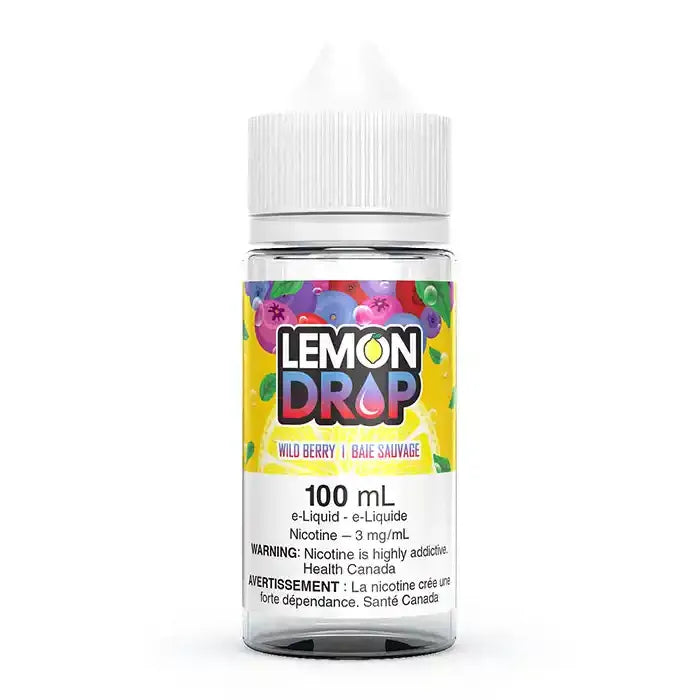 Wild Berry Lemon Drop 100ml e-liquid bottle with a colorful berry label on a white background.