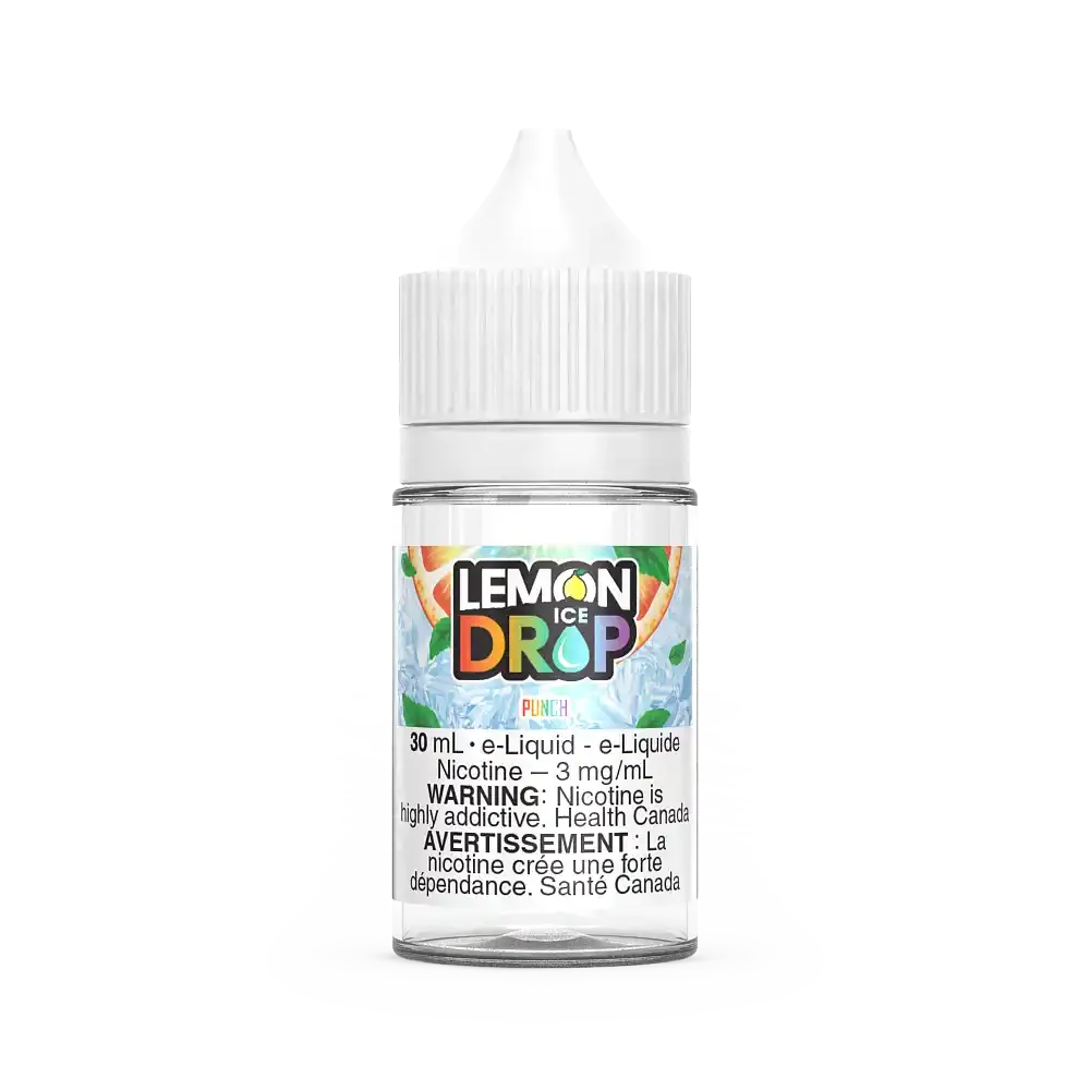 30mL Lemon Drop Ice Salt Punch e-liquid bottle with white cap and icy fruit graphic label.