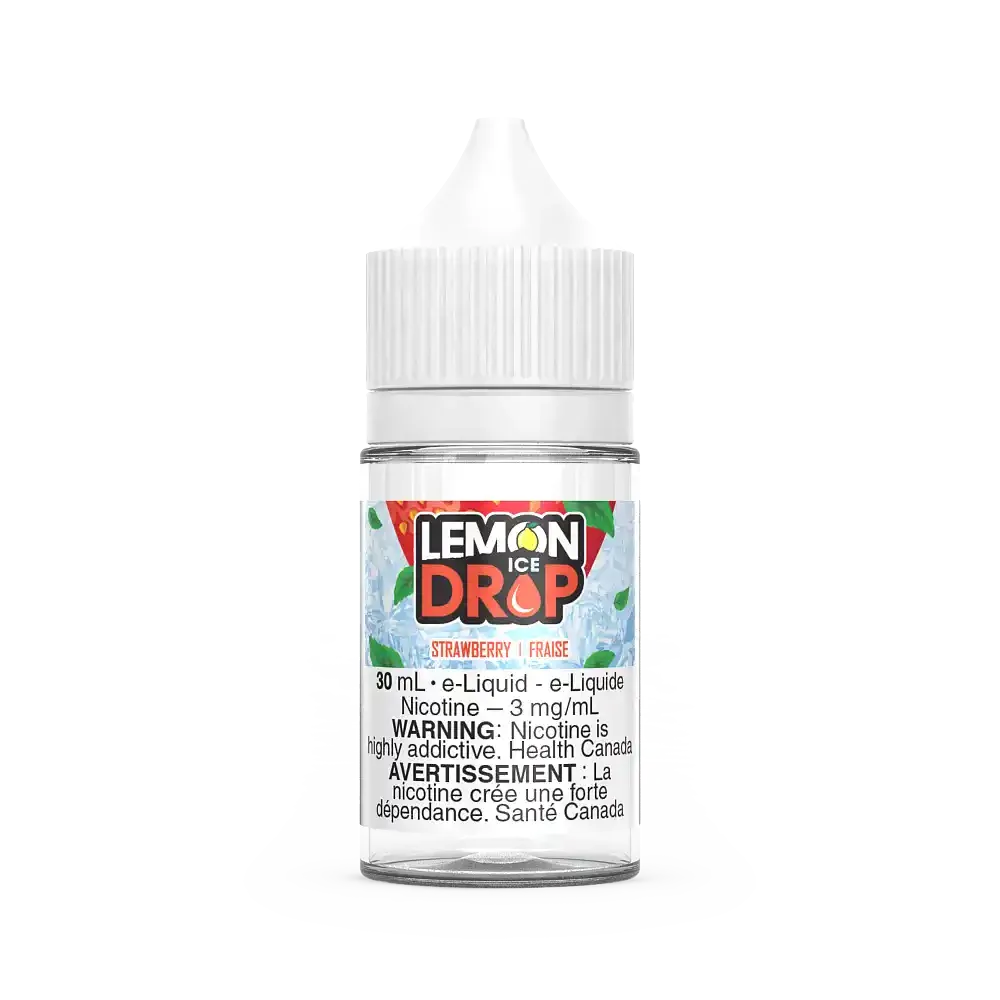 Clear 30mL Lemon Drop Ice Salt Strawberry e-liquid bottle with white cap and label.