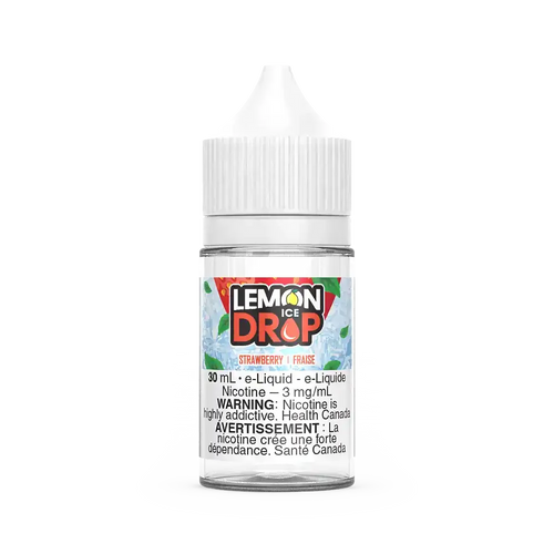 Clear 30mL Lemon Drop Ice Salt Strawberry e-liquid bottle with white cap and label.
