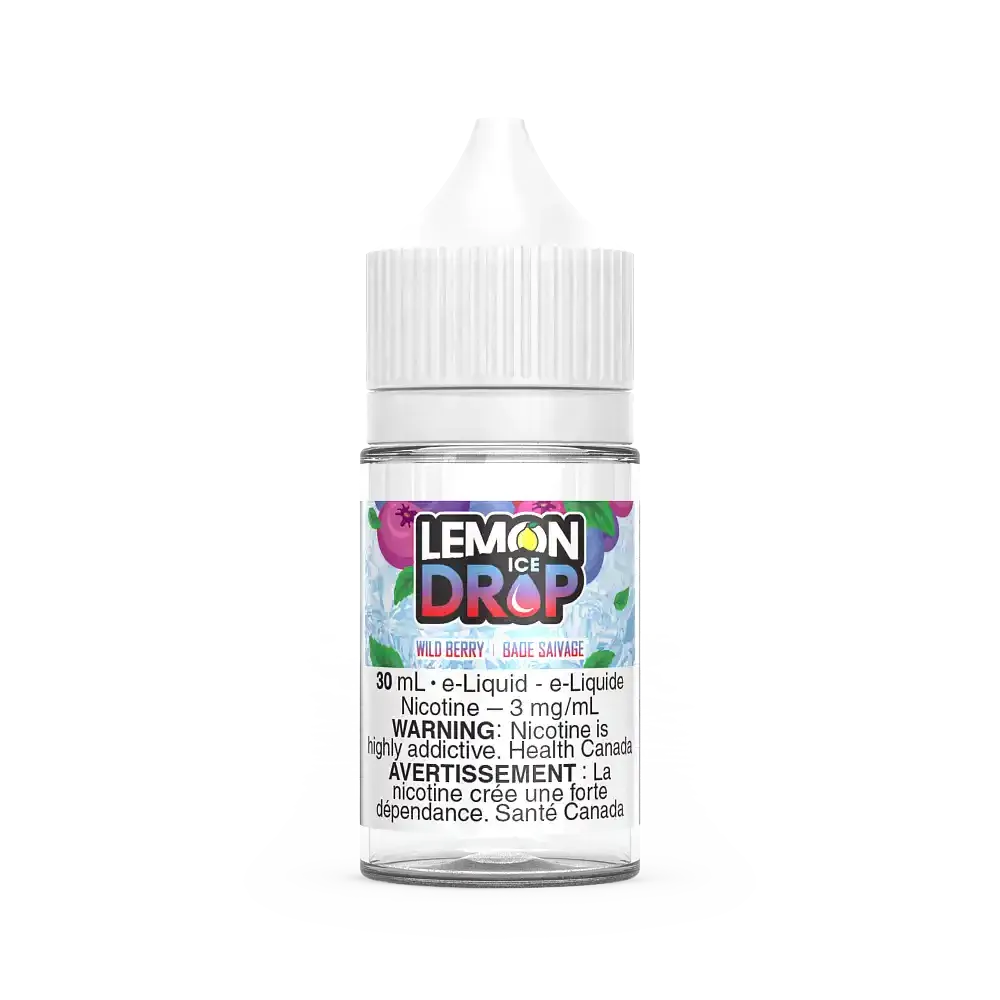 Wild Berry Lemon Drop Ice Salt 30mL e-liquid bottle with a white cap and colorful label.