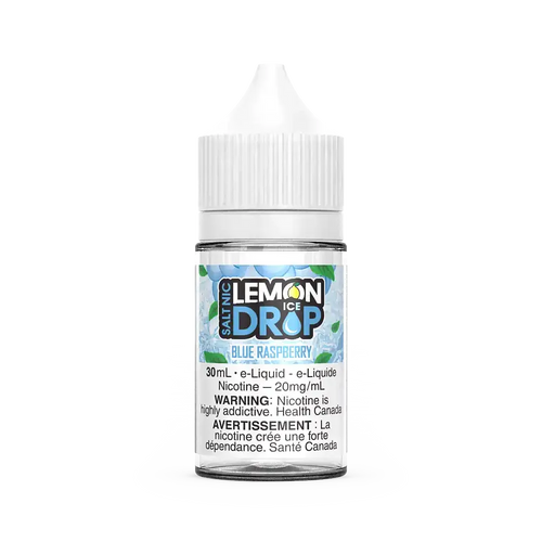 Lemon Drop Ice Salt Blue Raspberry 30mL e-liquid bottle with white cap and blue floral label.