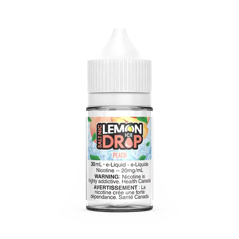 Lemon Drop Ice Salt Peach 30mL e-liquid bottle with white cap and peach label design.