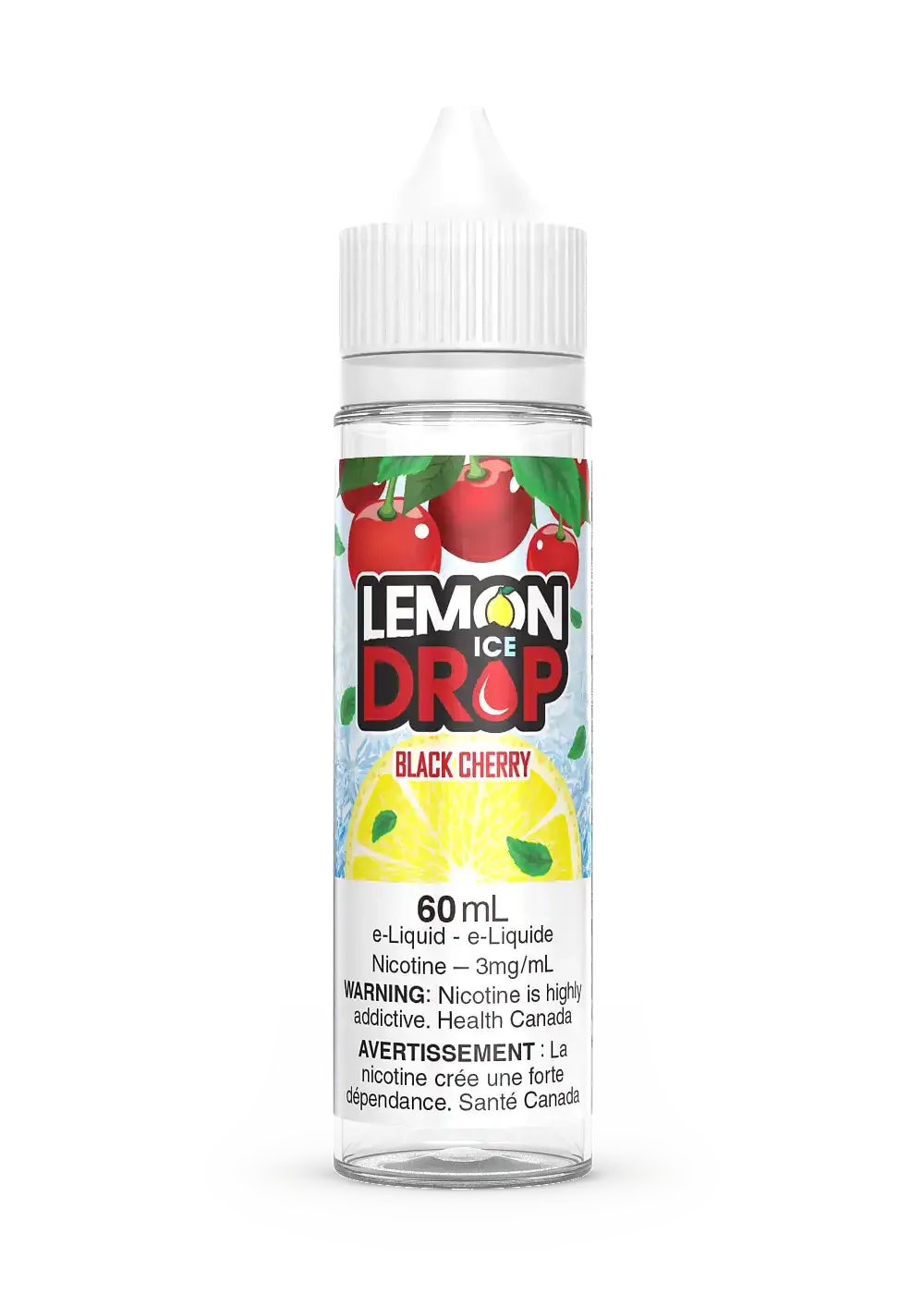 Lemon Drop Ice Black Cherry 60mL e-liquid bottle with white cap, black cherry and lemon slice graphics.