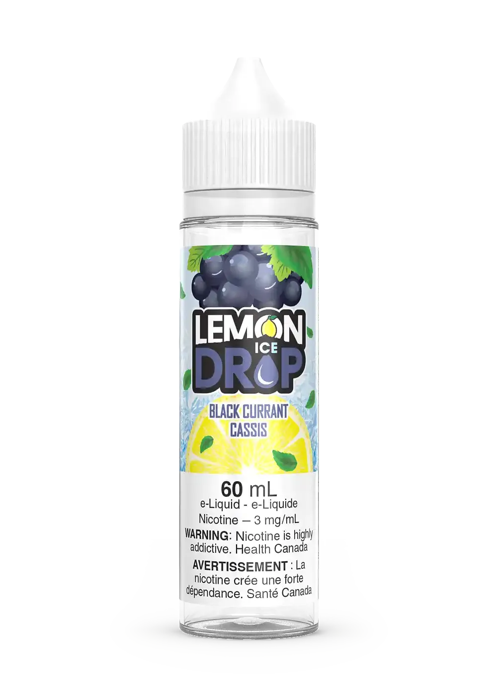 Lemon Drop Ice Black Currant 60mL e-liquid bottle with black currants and lemon slice graphic.