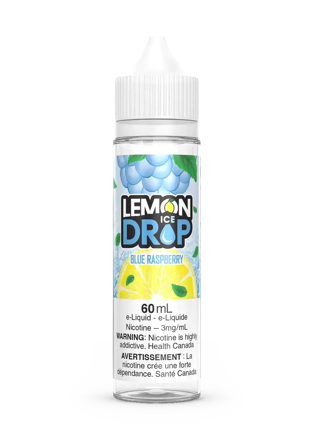 Lemon Drop Ice Blue Raspberry 60mL e-liquid bottle with blue raspberry and lemon graphics.