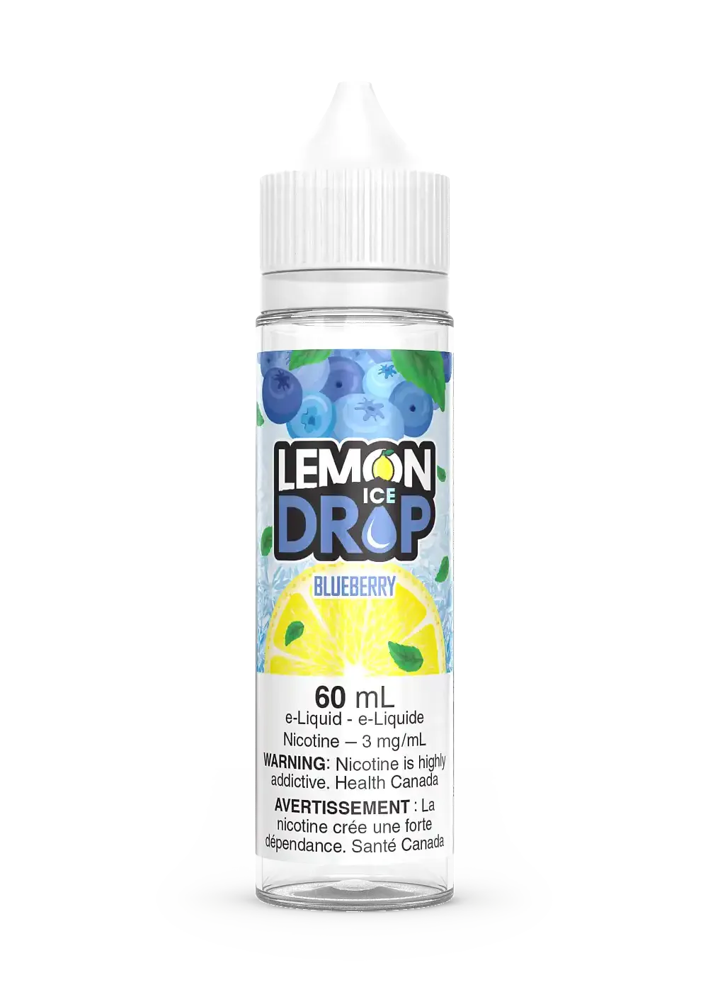Lemon Drop Ice Blueberry 60mL e-liquid bottle with blueberry and lemon graphics.