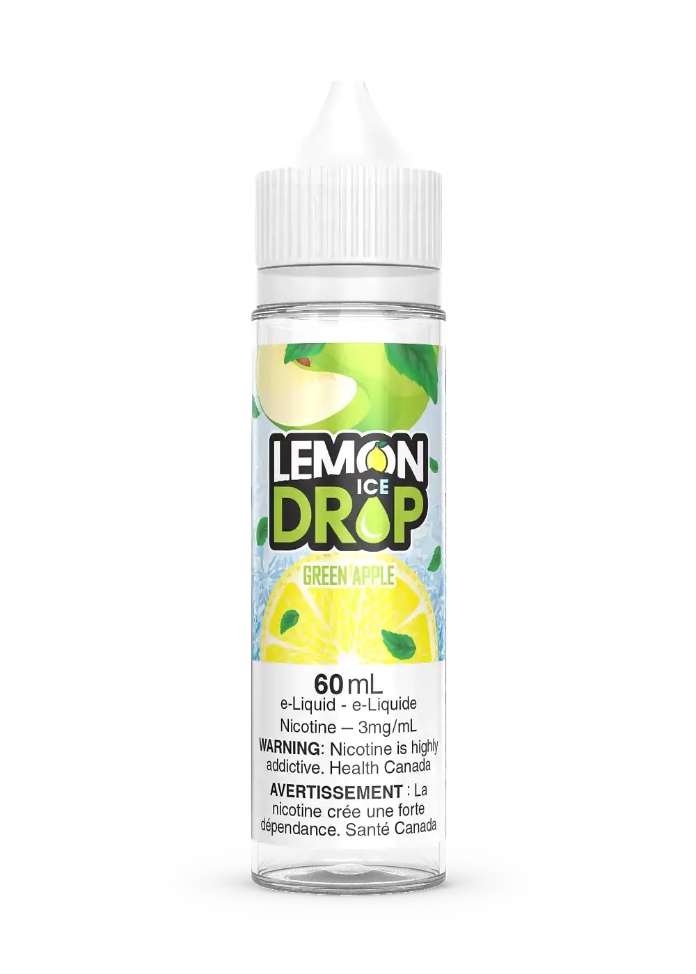Lemon Drop Ice Green Apple 60mL e-liquid bottle with green apple graphics and white cap.