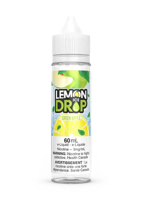 Lemon Drop Ice Green Apple 60mL e-liquid bottle with green apple graphics and white cap.
