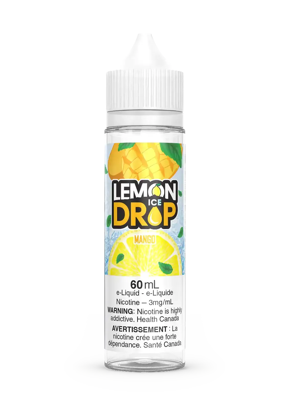 Lemon Drop Ice Mango 60mL e-liquid bottle with yellow mango slices and green leaves on a clear label.