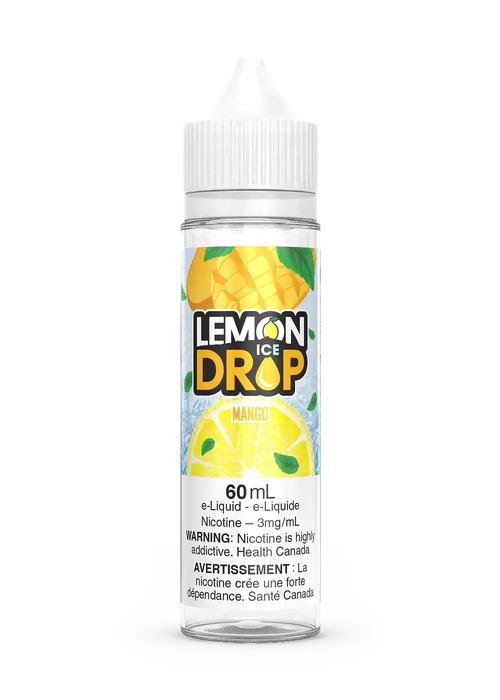 Lemon Drop Ice Mango 60mL e-liquid bottle with yellow mango slices and green leaves on a clear label.