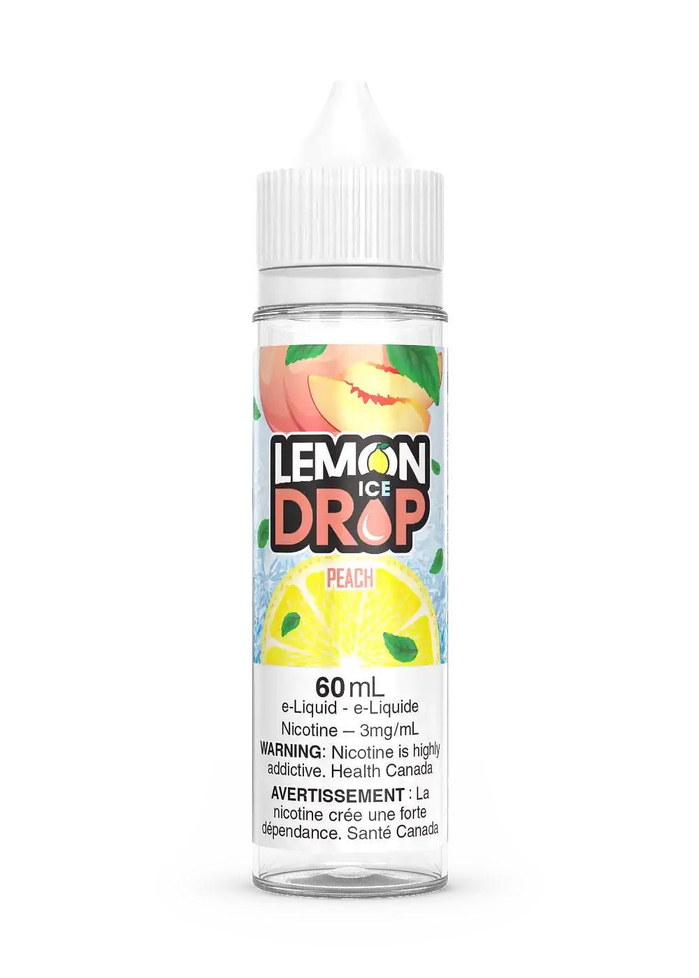 Lemon Drop Ice Peach 60mL e-liquid bottle with peach and lemon slice graphics.