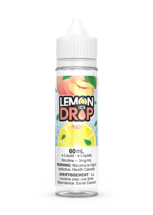 Lemon Drop Ice Peach 60mL e-liquid bottle with peach and lemon slice graphics.