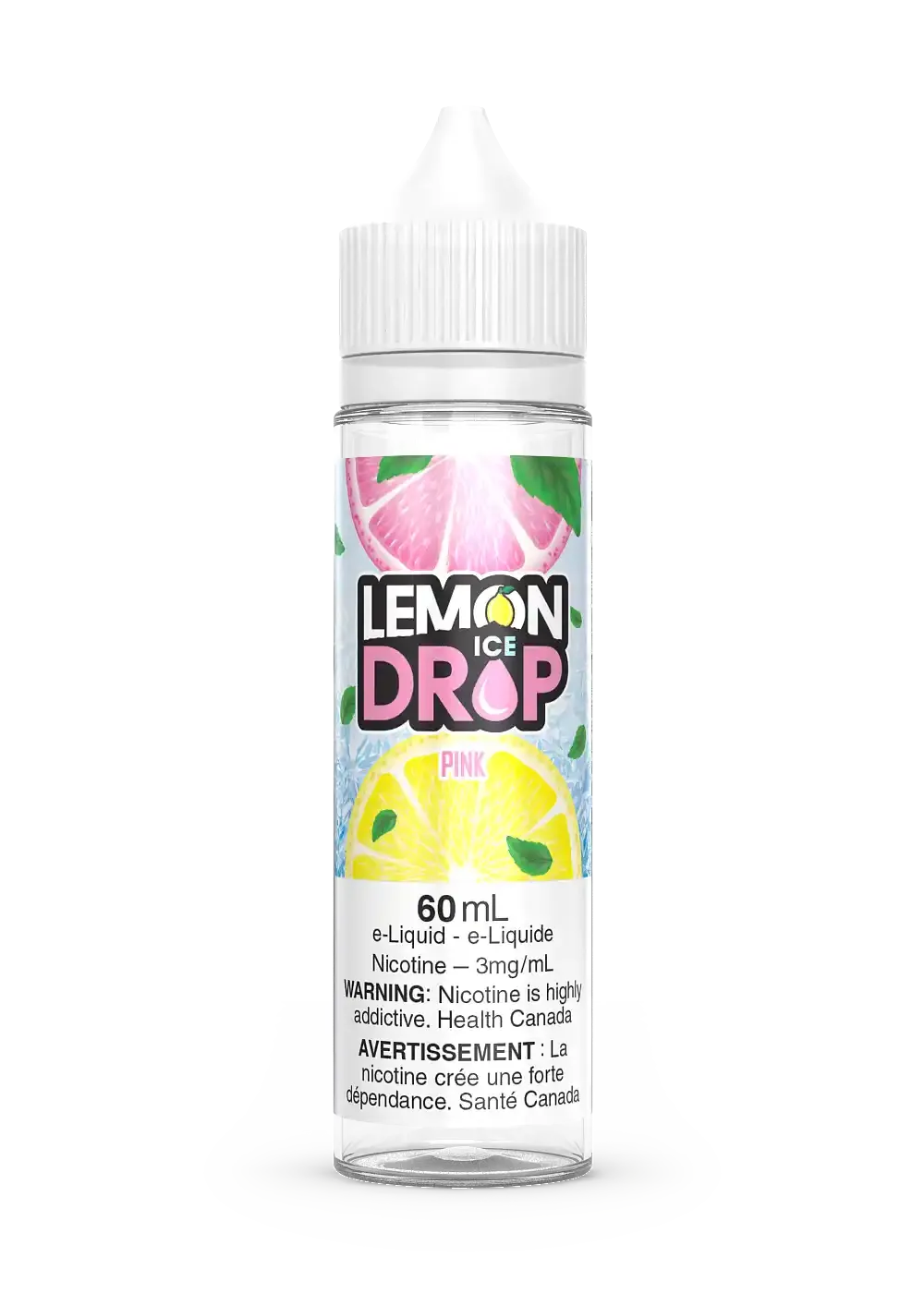 Lemon Drop Ice Pink 60mL e-liquid bottle with pink grapefruit and yellow lemon slices.