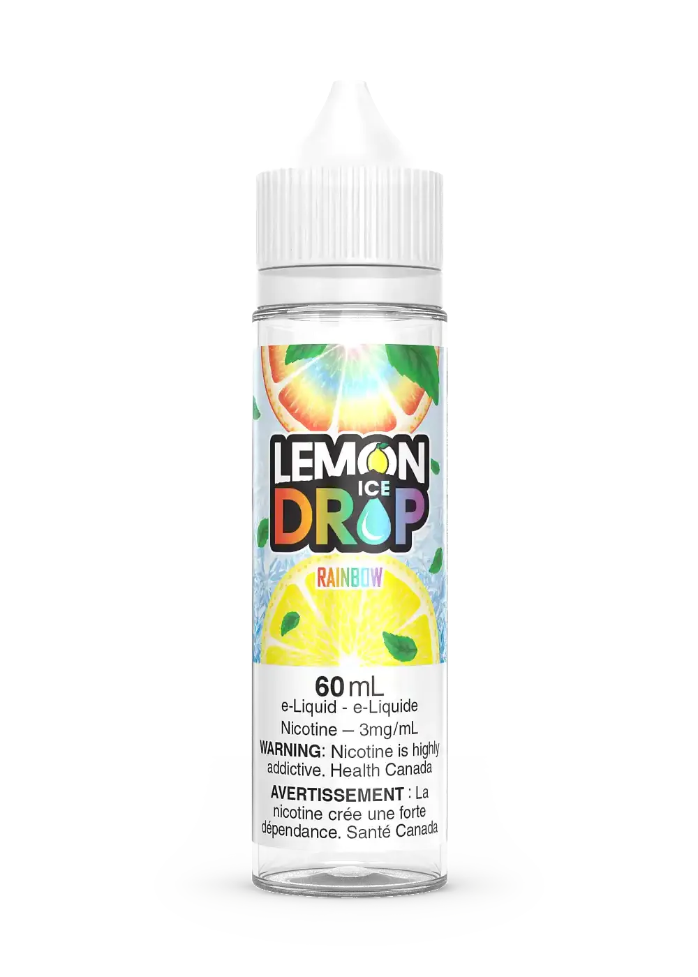 Lemon Drop Ice Rainbow 60mL e-liquid bottle with colorful citrus fruit graphics and white cap.