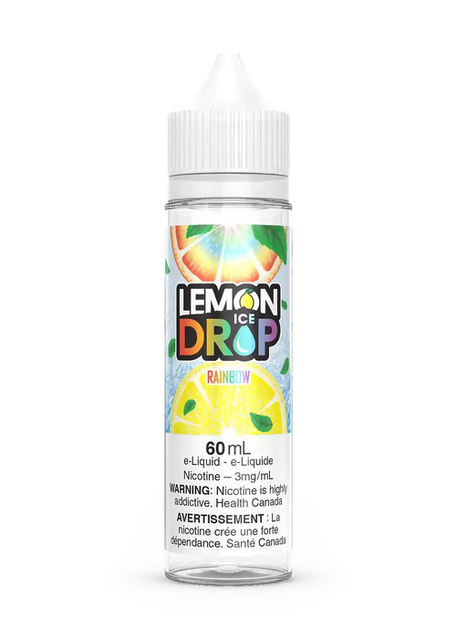 Lemon Drop Ice Rainbow 60mL e-liquid bottle with colorful citrus fruit graphics and white cap.