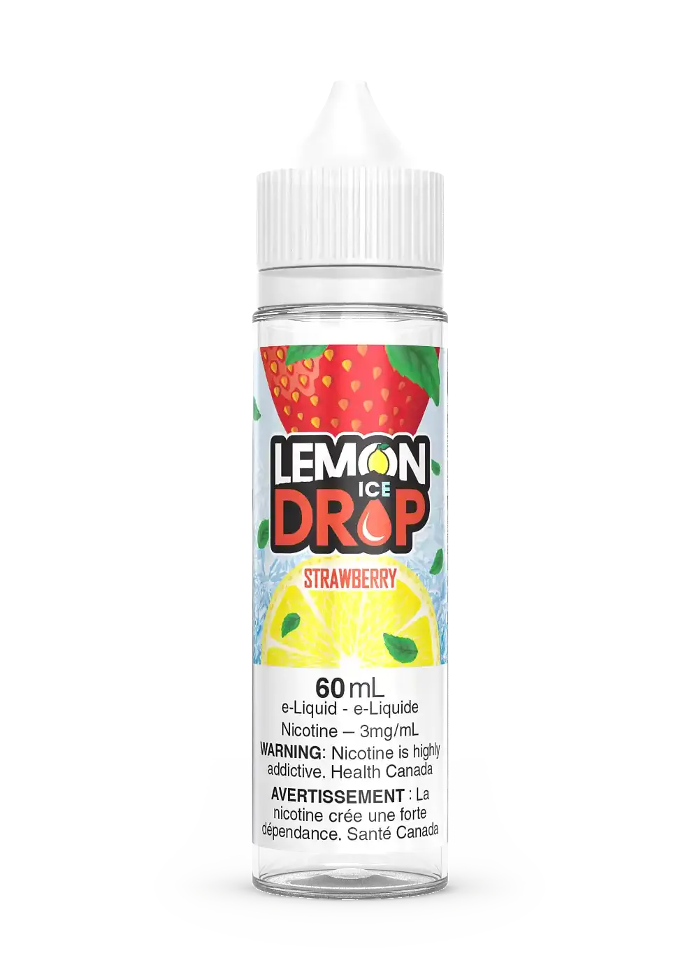 Lemon Drop Ice Strawberry 60mL e-liquid bottle with strawberry and lemon graphics.