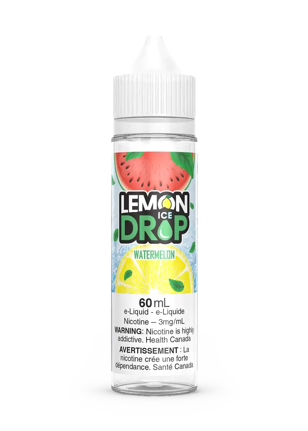 Lemon Drop Ice Watermelon 60mL e-liquid bottle with fruit graphics and white cap.