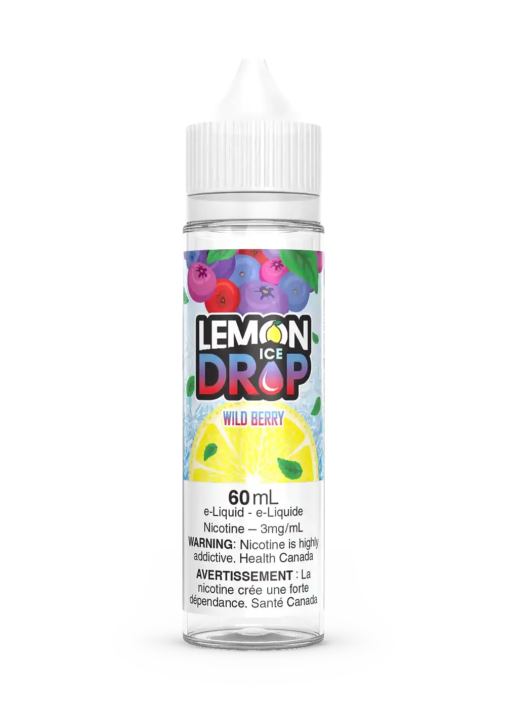 Lemon Drop Ice Wild Berry 60mL e-liquid bottle with colorful berry and lemon slice graphic.