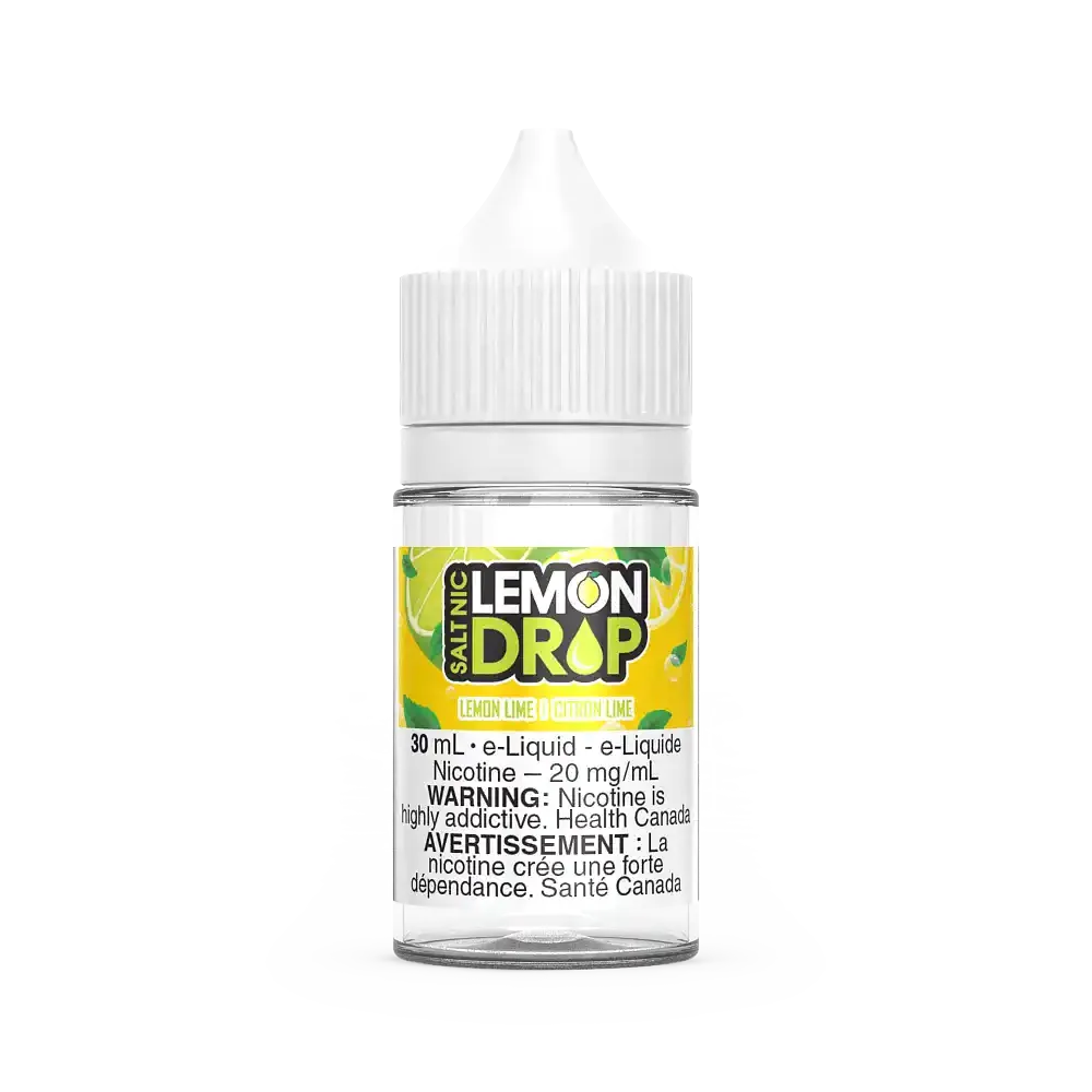 Clear 30mL Lemon Drop Salt Nic E-Liquid bottle with white cap and yellow "Lemon Drop Lemon Lime" label.