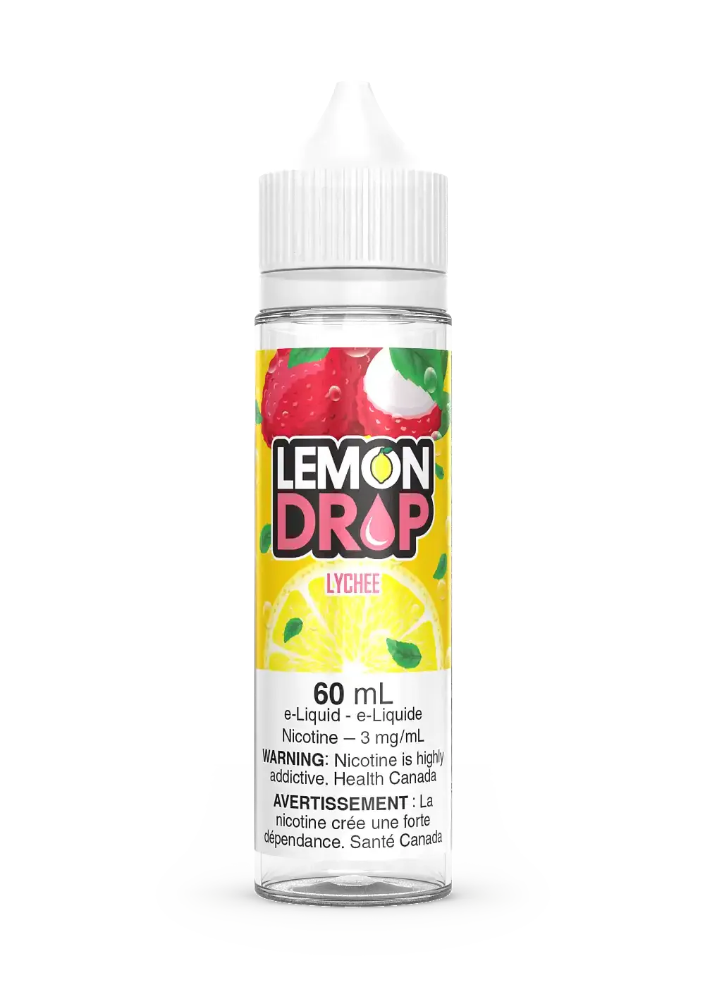 Lemon Drop Lychee 60mL e-liquid bottle with white cap, featuring lychee and lemon graphics.