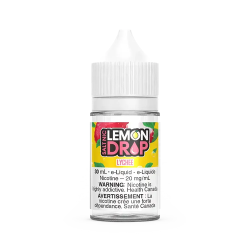 Lemon Drop Salt Lychee 30mL e-liquid bottle with white cap and pink/yellow label.