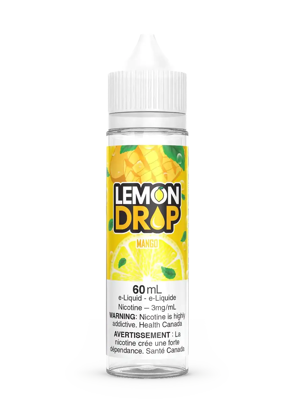 Lemon Drop Mango 60mL e-liquid bottle with yellow label featuring mango and lemon slice graphics.