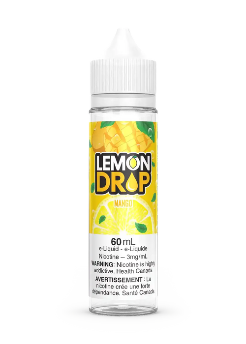 Lemon Drop Mango 60mL e-liquid bottle with yellow label featuring mango and lemon slice graphics.