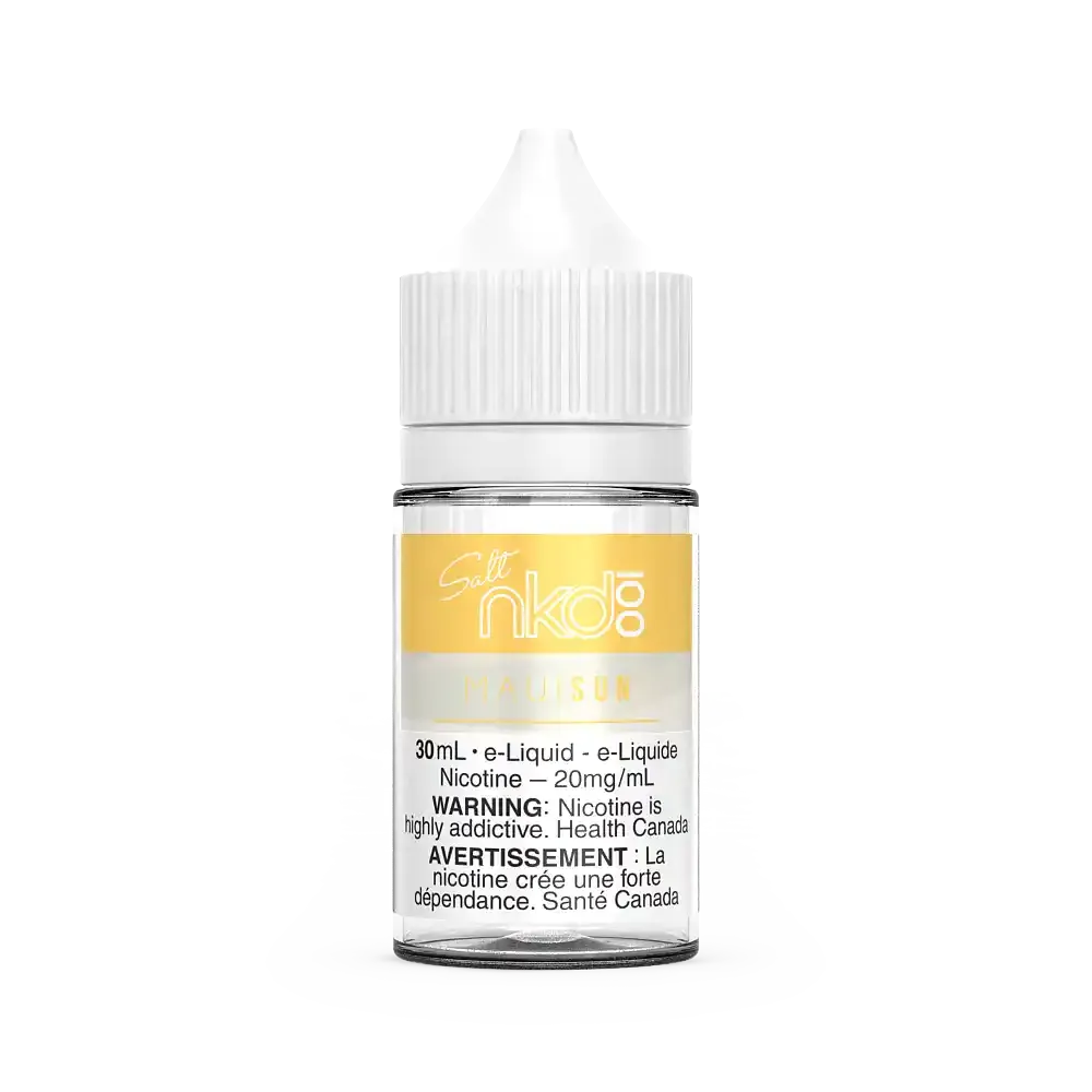 Naked 100 Salt Maui Sun 30ml e-liquid bottle with white cap and yellow label.