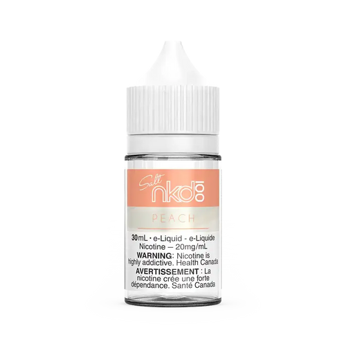 Naked 100 Salt Peach 30mL e-liquid bottle with a white cap and peach-colored label.
