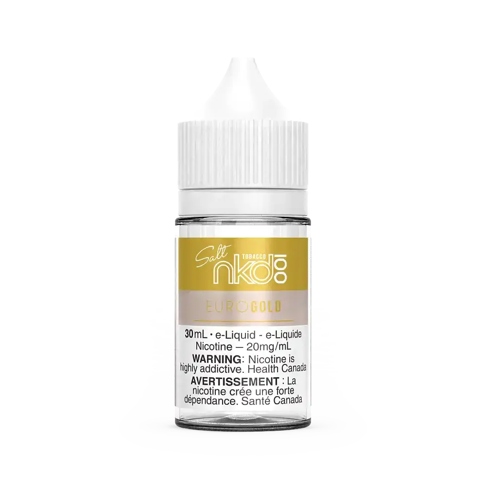 Naked 100 Salt Euro Gold 30mL e-liquid bottle with white cap and label, 20mg/mL nicotine.