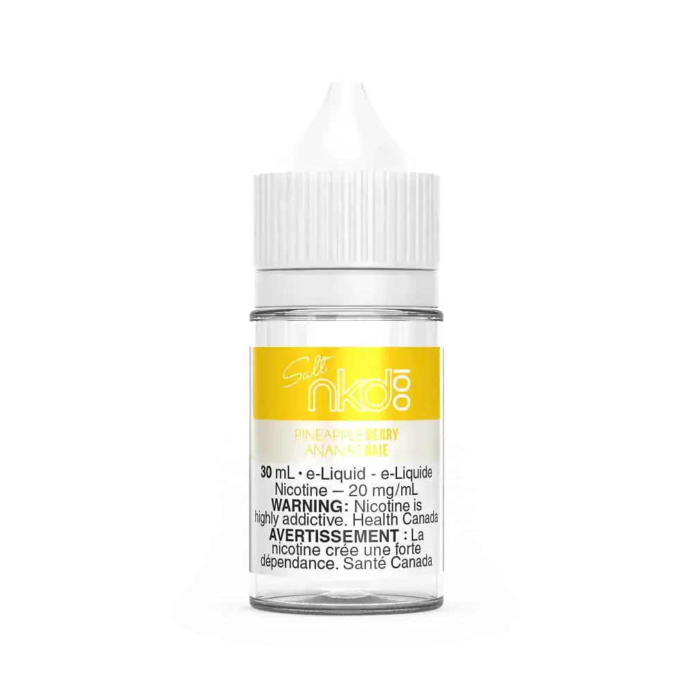 Naked 100 Salt Pineapple Berry 30ml e-liquid bottle with white cap and yellow label.