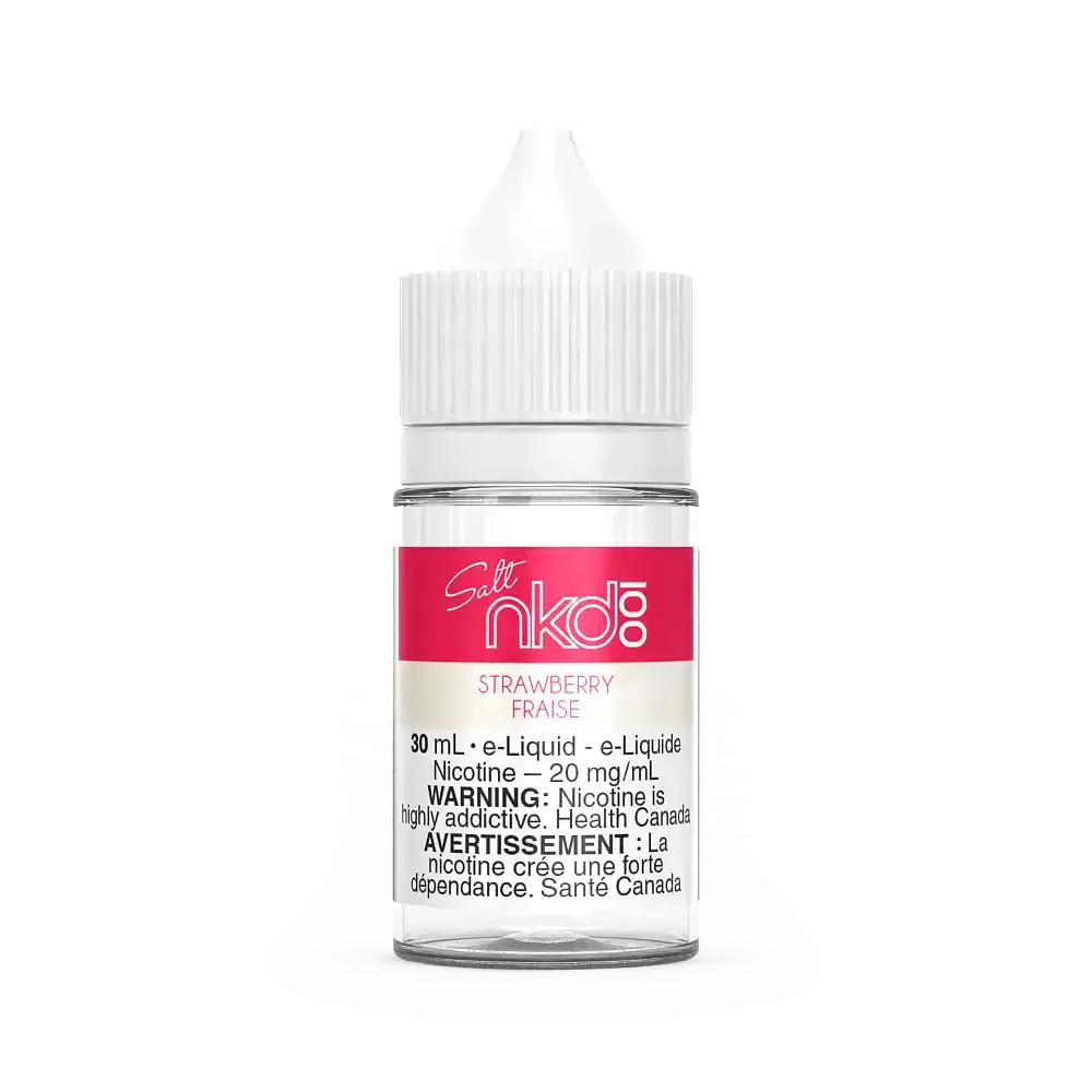 Naked 100 Salt Luscious Strawberry 30mL e-liquid bottle with white cap and pink label.