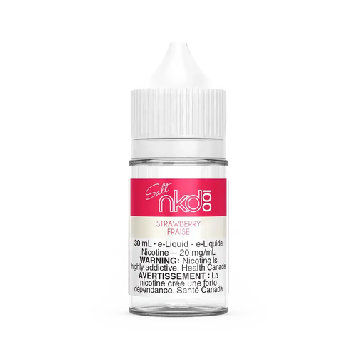Naked 100 Salt Luscious Strawberry 30mL e-liquid bottle with white cap and pink label.