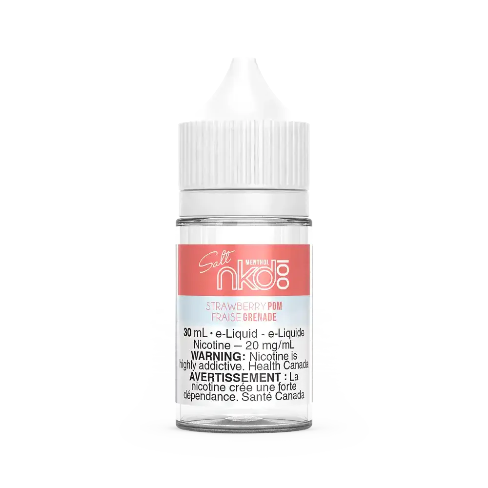 Naked 100 Salt Strawberry Pom 30mL e-liquid bottle with white cap and pink label.