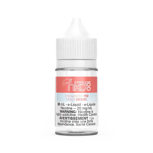 Naked 100 Salt Strawberry Pom 30mL e-liquid bottle with white cap and pink label.
