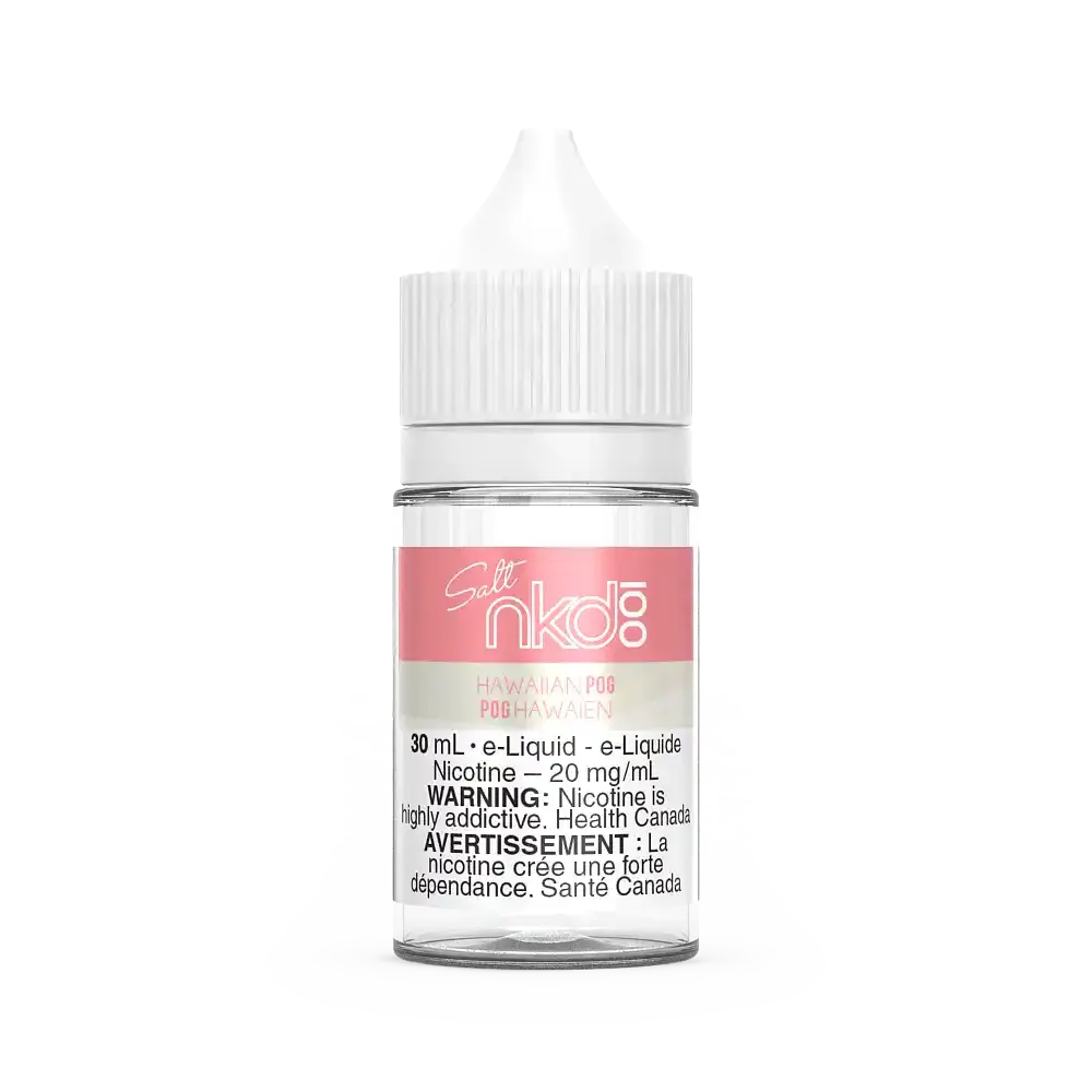 Naked 100 Salt Hawaiian POG 30ml e-liquid bottle with pink label and white cap.