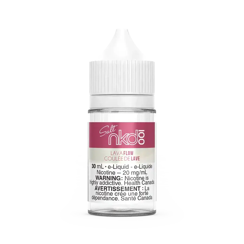 Naked 100 Salt Lava Flow 30mL e-liquid bottle with white cap and pink "nkd100" logo.