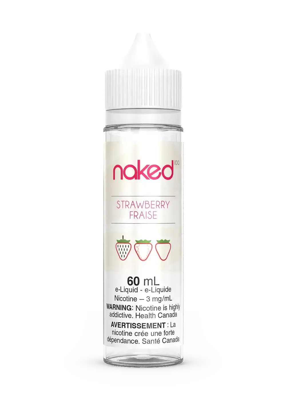 Naked 100 Strawberry 60mL e-liquid bottle with white cap and strawberry graphics.