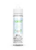 Naked 100 Apple e-liquid, 60mL clear bottle with white cap, green "naked" logo, and fruit icons.