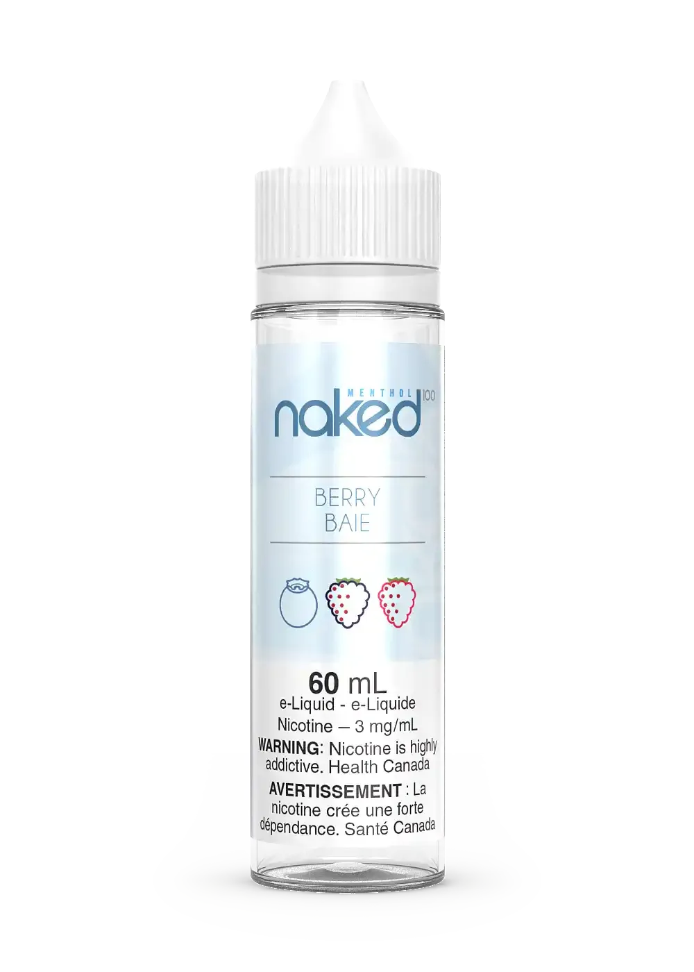 Naked 100 Berry (Very Cool) 60mL e-liquid bottle with white cap and berry fruit illustrations.