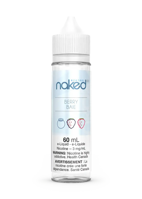 Naked 100 Berry (Very Cool) 60mL e-liquid bottle with white cap and berry fruit illustrations.