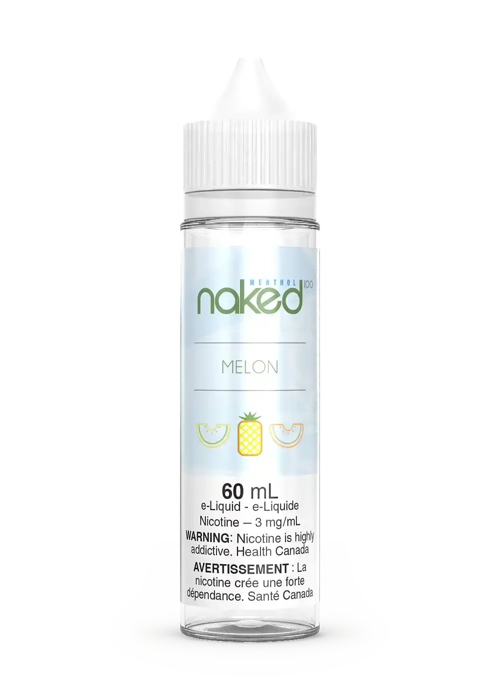 Naked 100 Melon 60mL e-liquid bottle with a white cap, featuring melon and pineapple graphics.