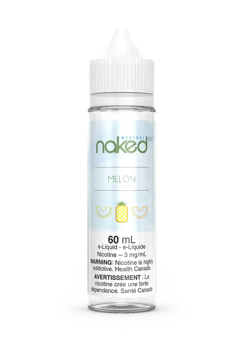 Naked 100 Melon 60mL e-liquid bottle with a white cap, featuring melon and pineapple graphics.