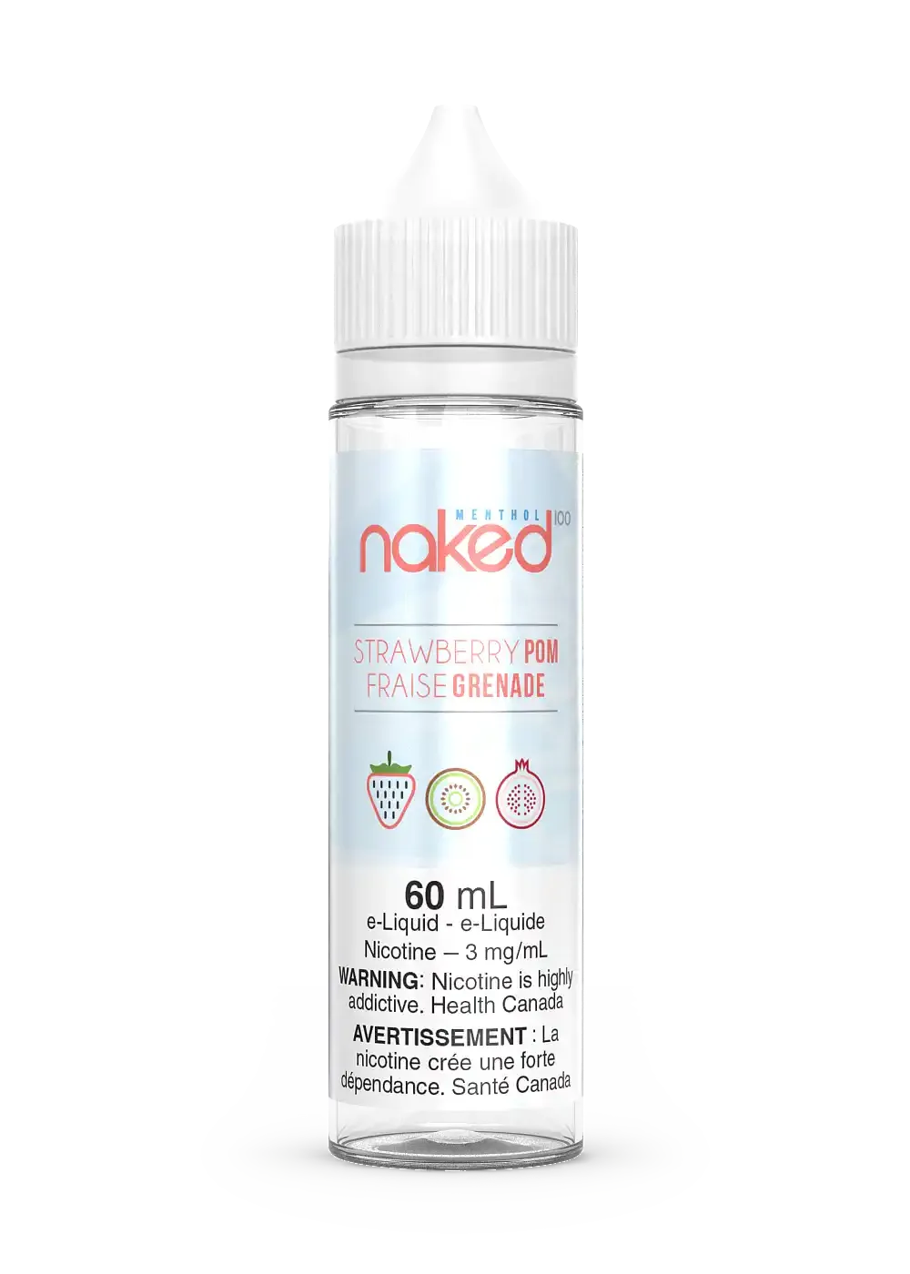 Naked 100 Strawberry Pom 60mL e-liquid bottle with white cap and label featuring fruit icons.