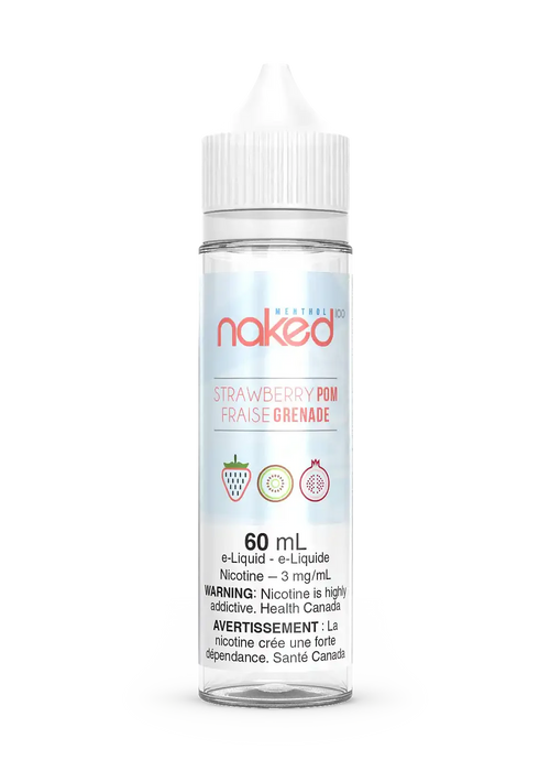 Naked 100 Strawberry Pom 60mL e-liquid bottle with white cap and label featuring fruit icons.