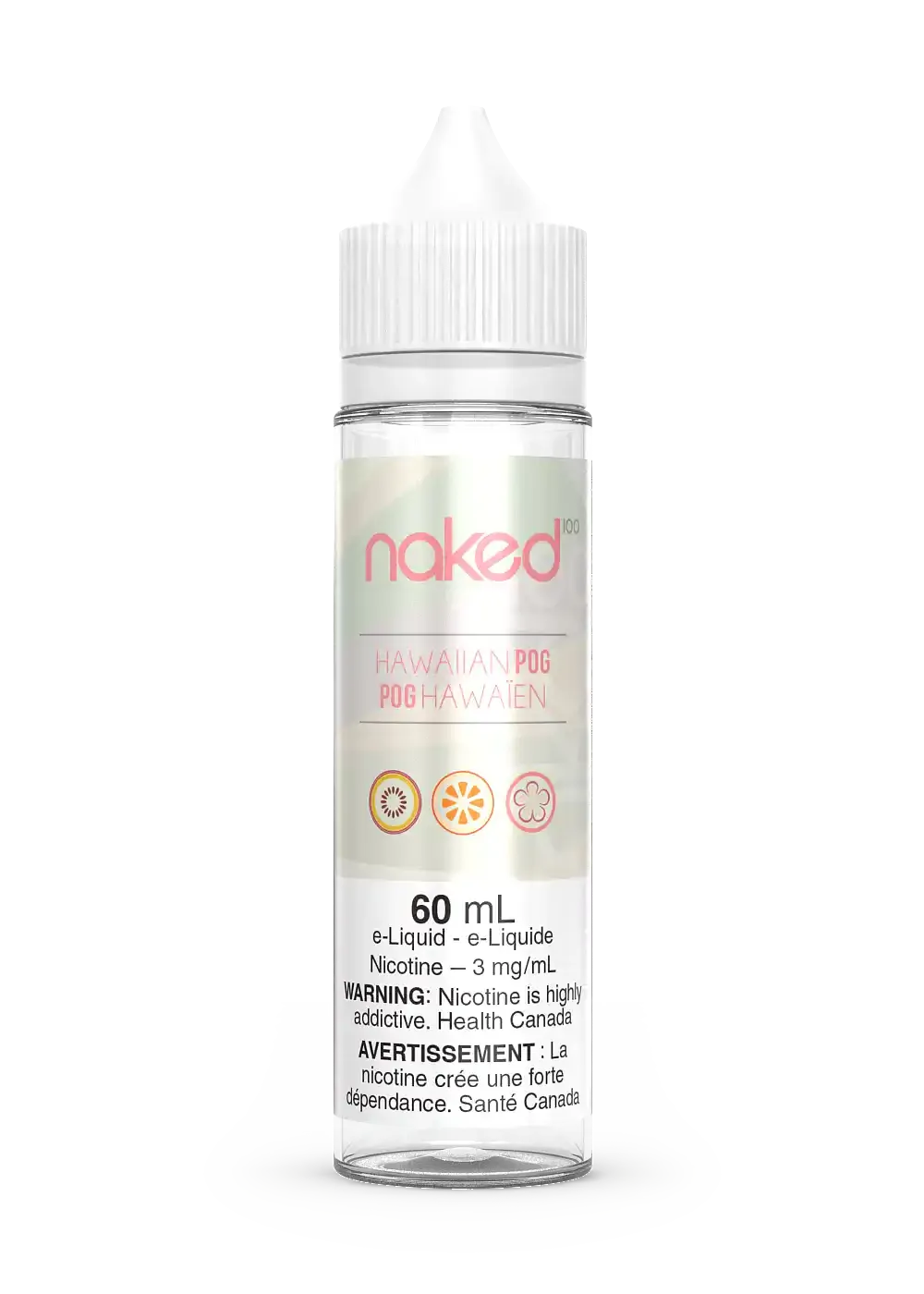 Naked 100 Hawaiian Pog 60mL e-liquid bottle with a white cap, clear body, and colorful fruit label.