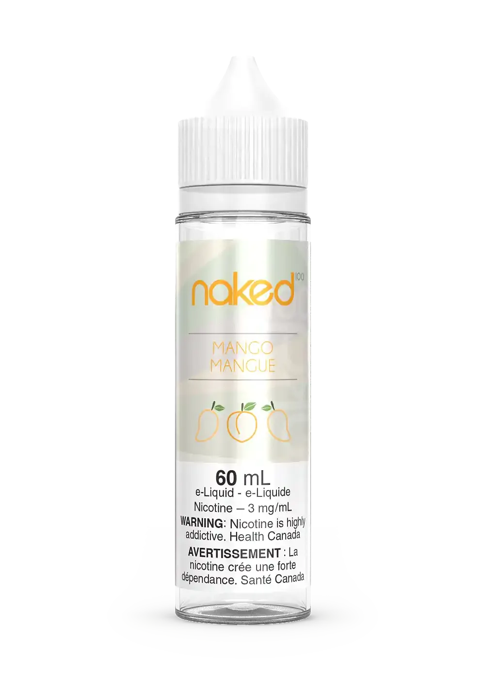 Naked 100 Mango 60mL e-liquid bottle with white cap and label featuring mango illustrations.